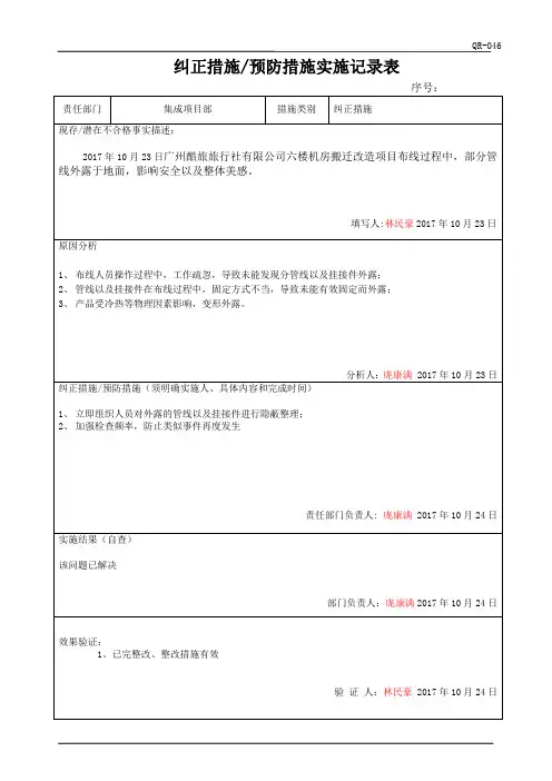 9不符合纠正措施实施记录表