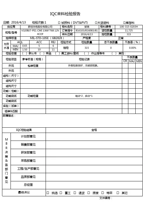 品质部-IQC-来料检验报告(表单)
