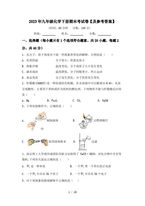 2023年九年级化学下册期末考试卷【及参考答案】