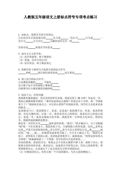 人教版五年级语文上册标点符号专项考点练习