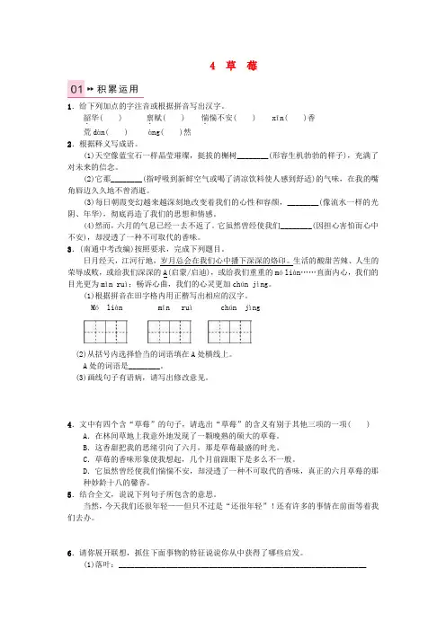 《》2016年秋九年级语文上册 第一单元 4《草莓》练习 语文版