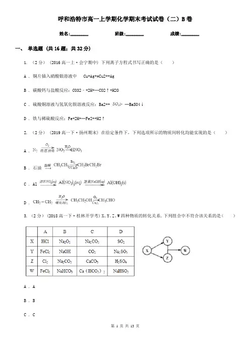 呼和浩特市高一上学期化学期末考试试卷(二)B卷