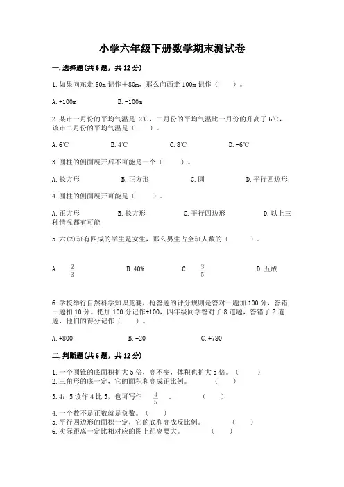 小学六年级下册数学期末测试卷附完整答案【名校卷】