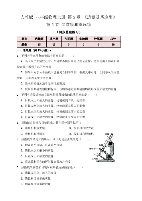 人教版八年级物理上学期5.5显微镜和望远镜(同步练习)(原卷版)