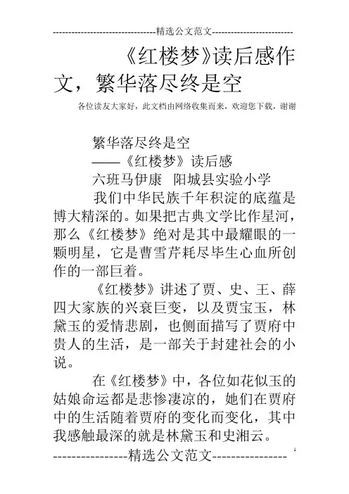 《红楼梦》读后感作文,繁华落尽终是空