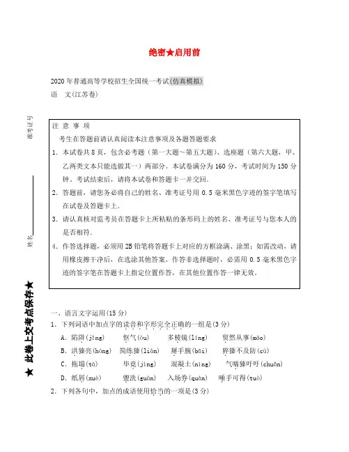 2020年普通高等学校招生全国统一考试仿真模拟语文(江苏卷)