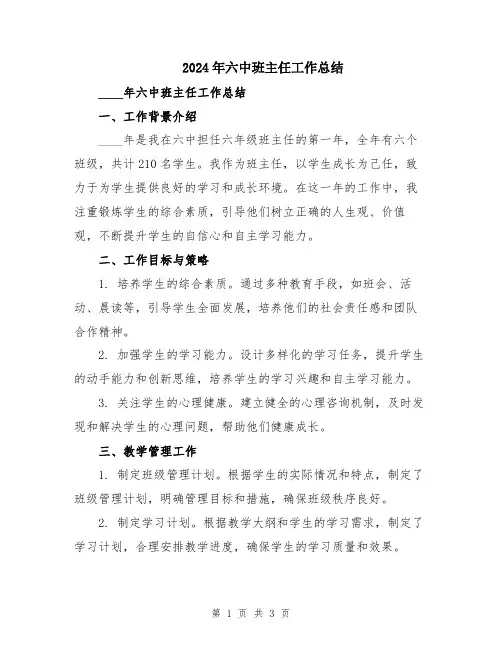 2024年六中班主任工作总结