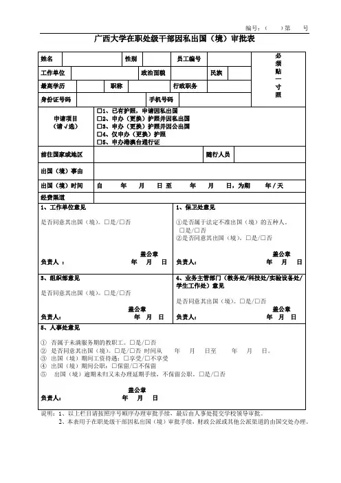 因私出国(境)审批表(在职处级干部)