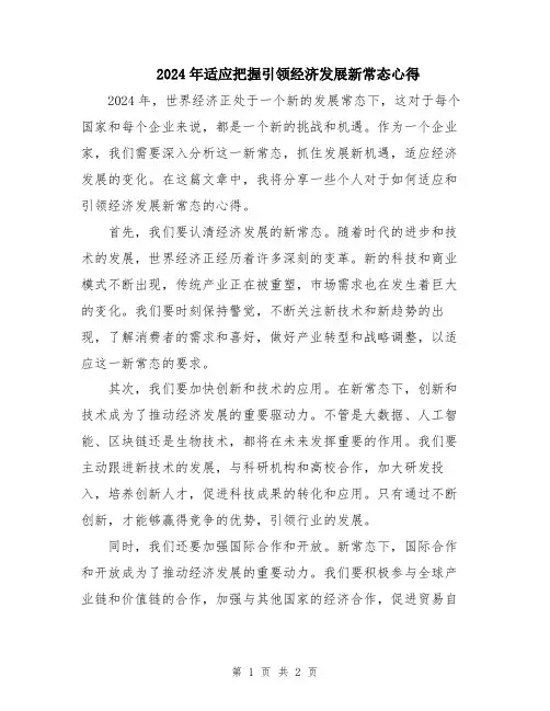 2024年适应把握引领经济发展新常态心得