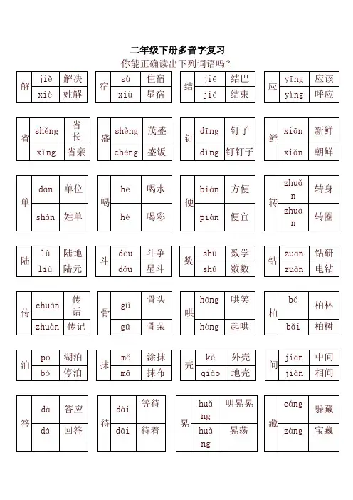新人教部编版二年级语文下册多音字复习