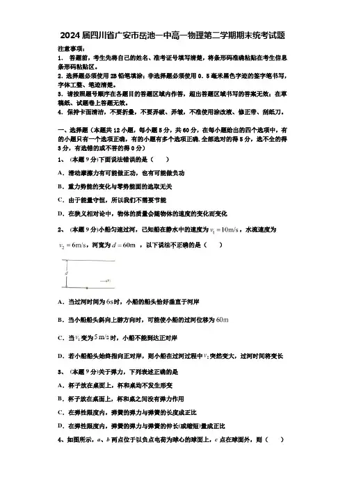 2024届四川省广安市岳池一中高一物理第二学期期末统考试题含解析