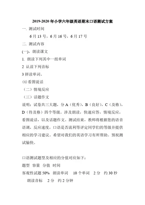 2019-2020年小学六年级英语期末口语测试方案