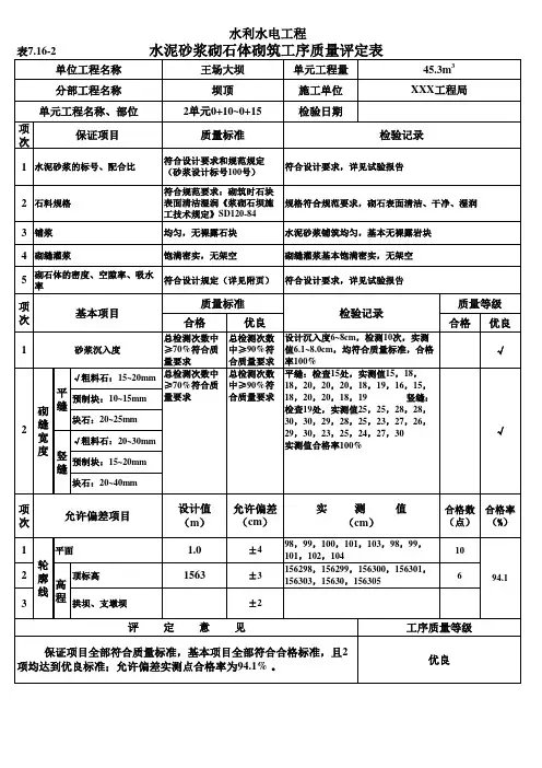 表7.16-2 水泥砂浆砌石体砌筑工序质量评定表(例表)