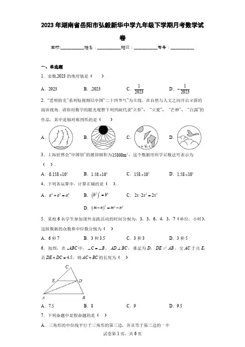 2023年湖南省岳阳市弘毅新华中学九年级下学期月考数学试卷