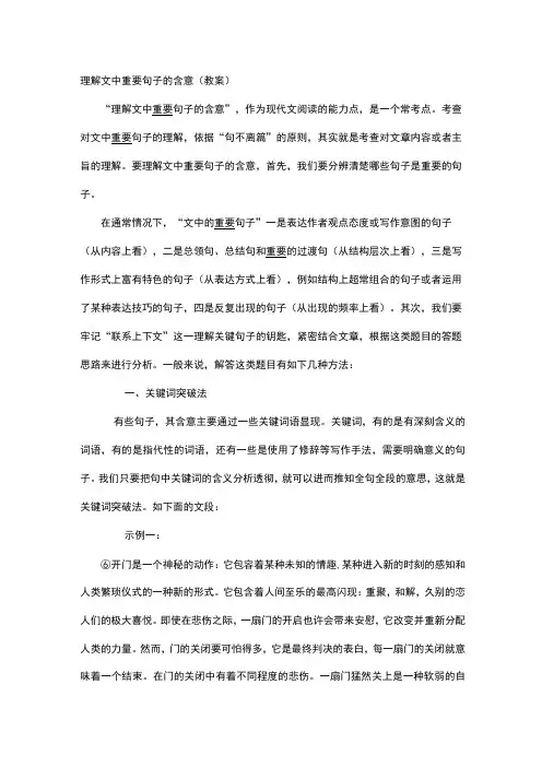理解文中重要句子的含意(教案)