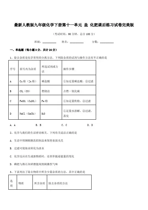 2022学年最新人教版九年级化学下册第十一单元 盐 化肥课后练习试卷完美版