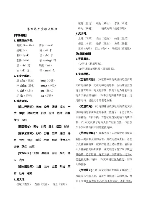 最新2019年部编版小学语文四年级上册第四单元重难点梳理