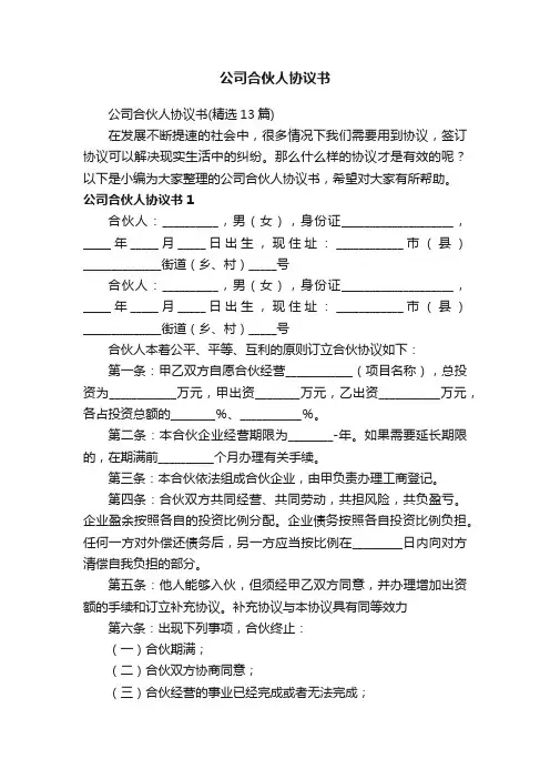 公司合伙人协议书（精选13篇）