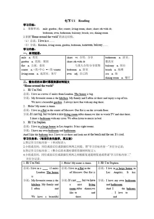 牛津译林版七年级下册 Unit 1 Dream Homes Reading1 Homes aroun