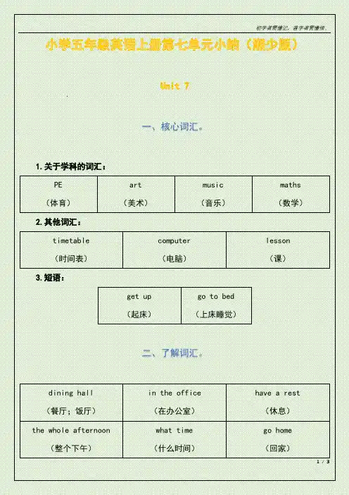 小学五年级英语上册第七单元小结(湘少版)