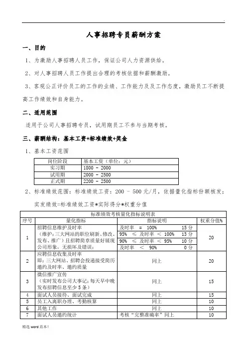 人事招聘专员薪酬方案