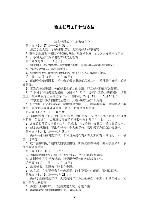 班主任周工作计划表格