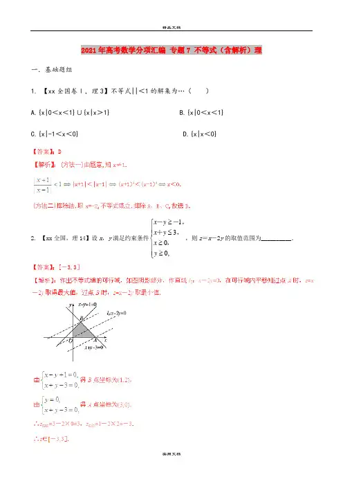 2021年高考数学分项汇编 专题7 不等式(含解析)理