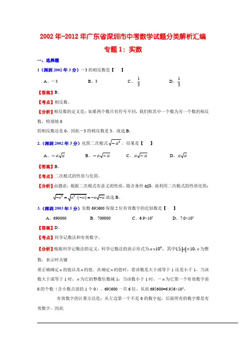 2002年-2012年深圳市中考数学试题分类解析汇编全集