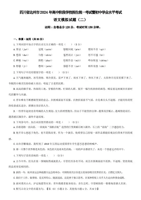 四川省达州市2024年高中阶段学校招生统一考试暨初中学业水平考试语文模拟测试卷  (二)(含答案)