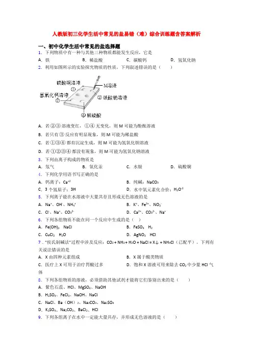 人教版初三化学生活中常见的盐易错(难)综合训练题含答案解析