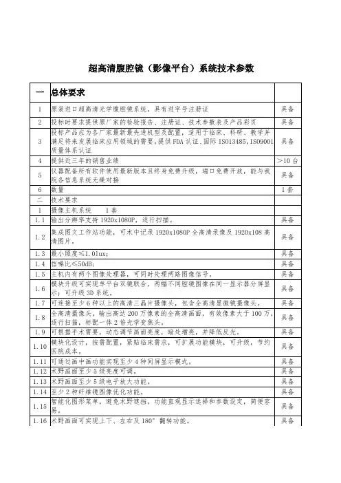 超高清腹腔镜影像平台系统技术参数