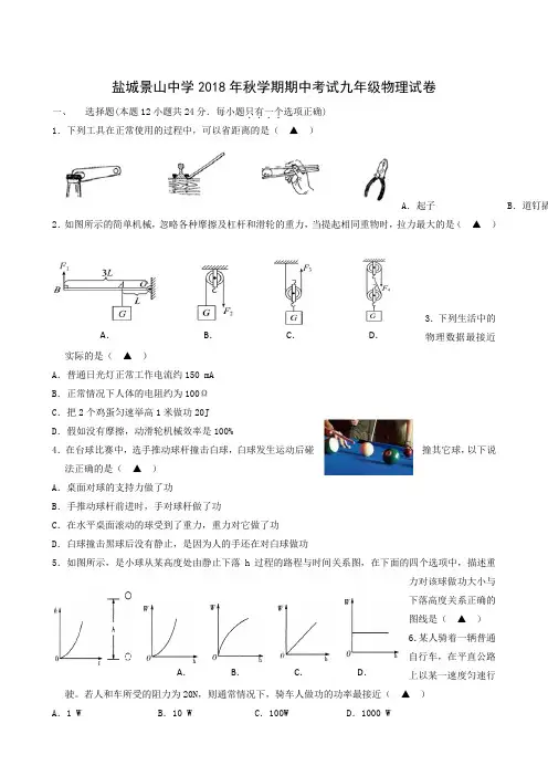 江苏省盐都市盐都初级中学、景山中学2019届九年级上学期期中考试物理试题