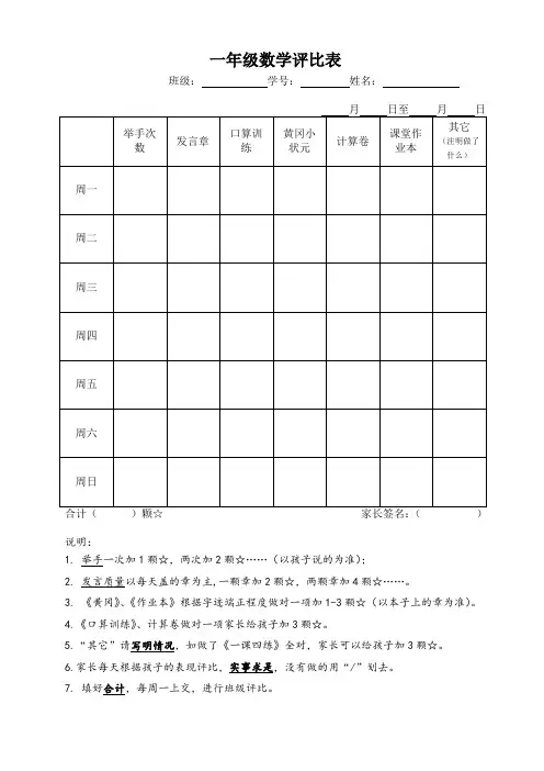 一年级数学评比表