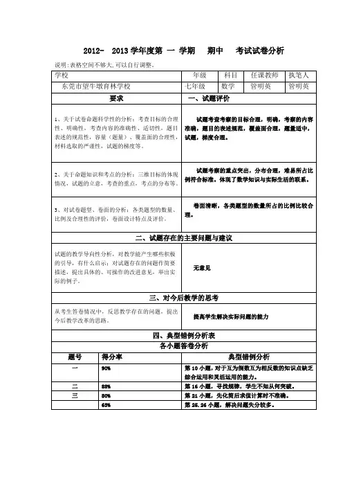 七年级数学试卷分析表