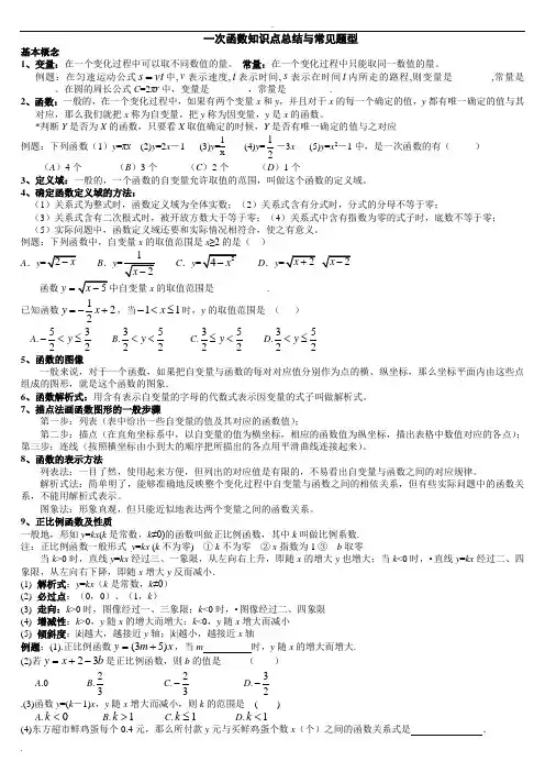 一次函数知识点总结与常见题型