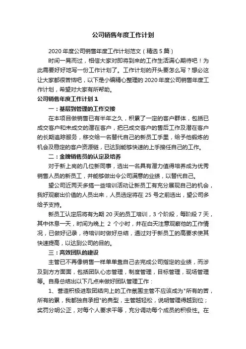2020年度公司销售年度工作计划范文（精选5篇）