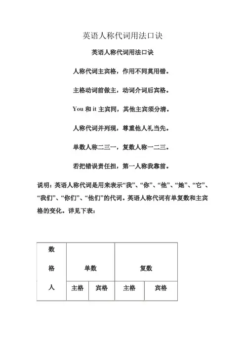 英语人称代词用法口诀