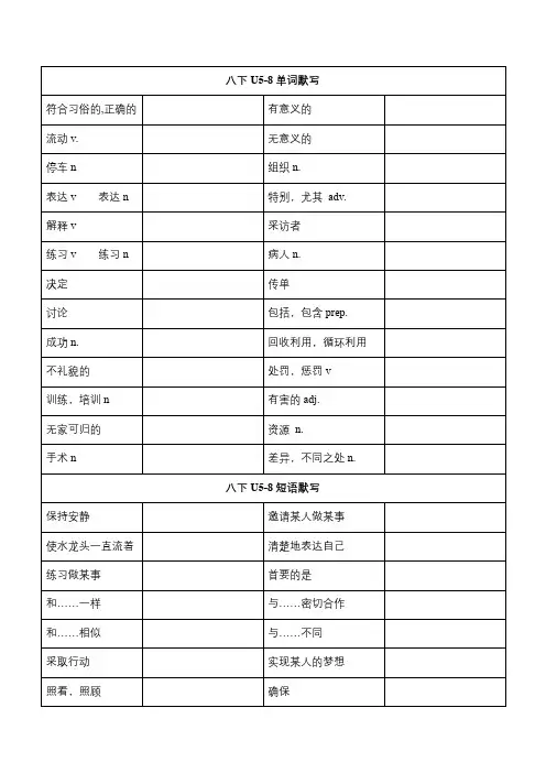 牛津译林版八年级下册Unit5-8复习 单词词组默写(包含答案)