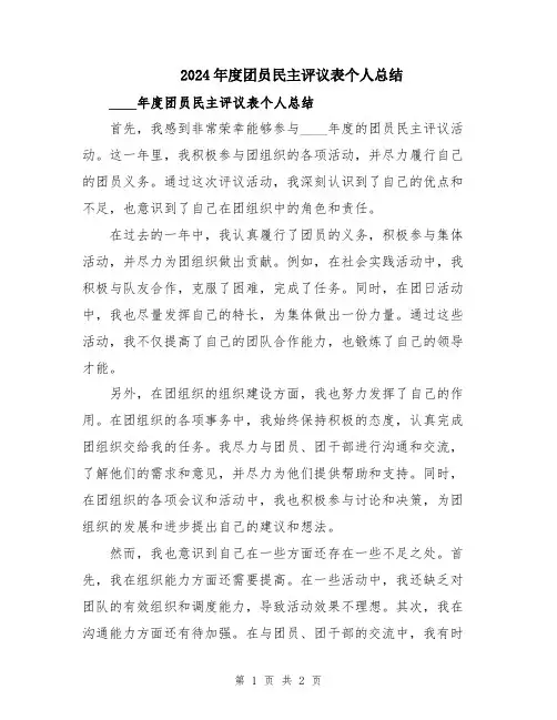 2024年度团员民主评议表个人总结