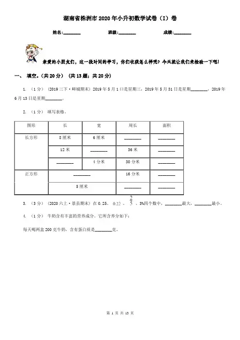 湖南省株洲市2020年小升初数学试卷(I)卷