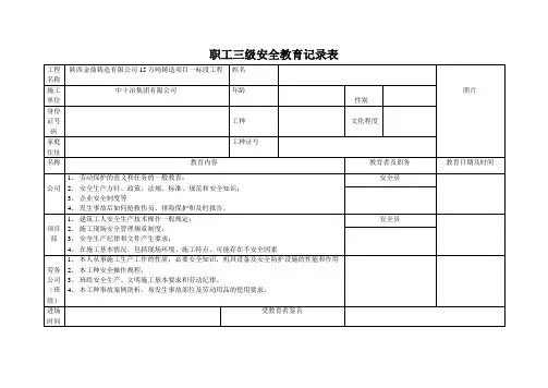 三级安全教育记录表