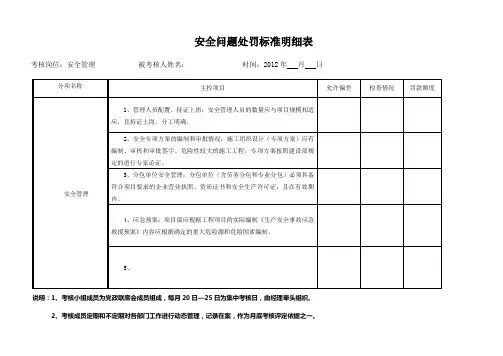 安全问题处罚标准明细表