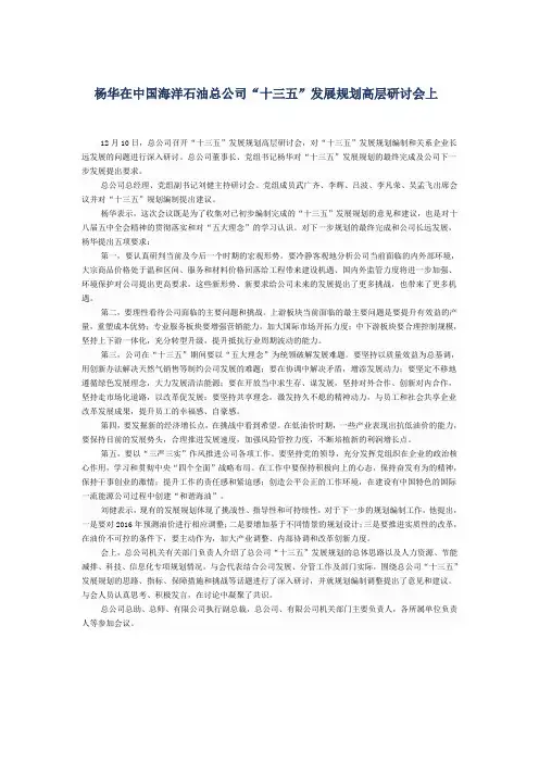 杨华在中国海洋石油总公司“十三五”发展规划高层研讨会上