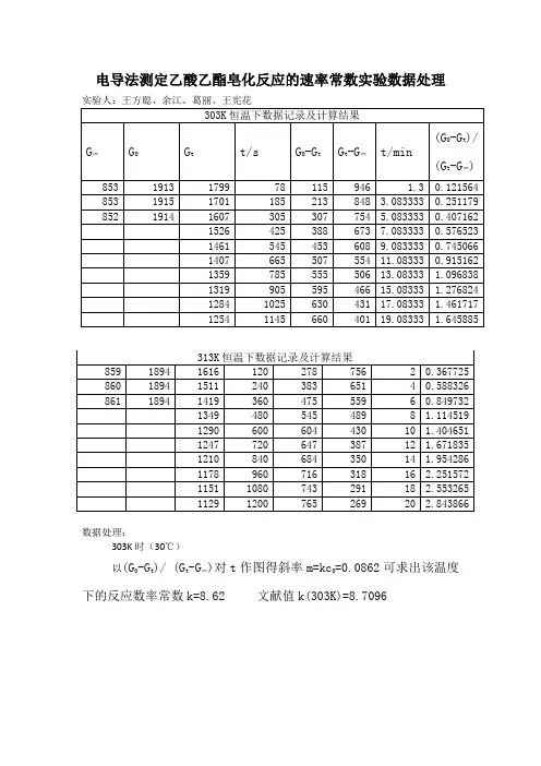 电导法测定乙酸乙酯皂化反应的速率常数实验数据处理