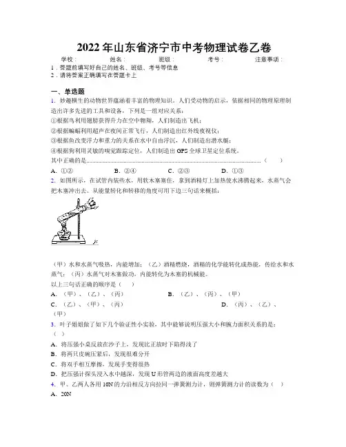 2022年山东省济宁市中考物理试卷乙卷及解析