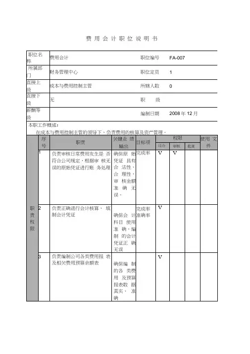 某航空物流公司费用会计职位说明书及关键绩效标准