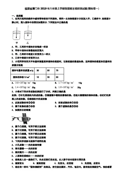 福建省厦门市2019年八年级上学期物理期末调研测试题(模拟卷一)