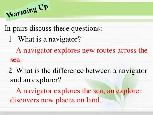 人教版高中英语精品课件 选修九  Unit2 Sailing the oceans-Textbook