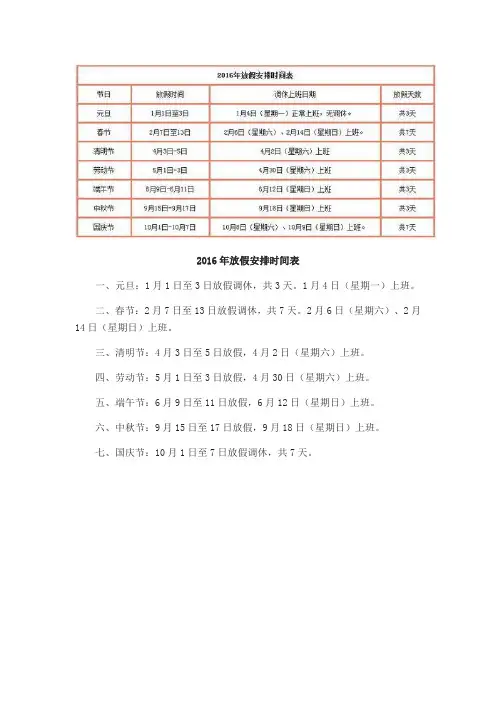 2016年国家法定节假日放假休假时间表