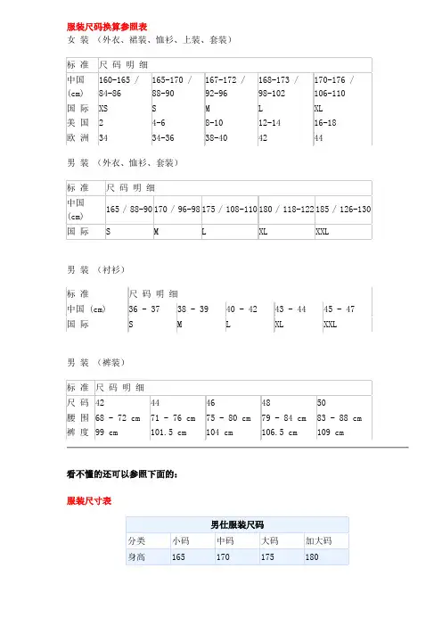 (服装企业管理类)服装尺码换算参照表